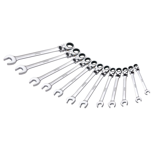 Metric flexible ratcheting locking system wrench set (12 pieces).